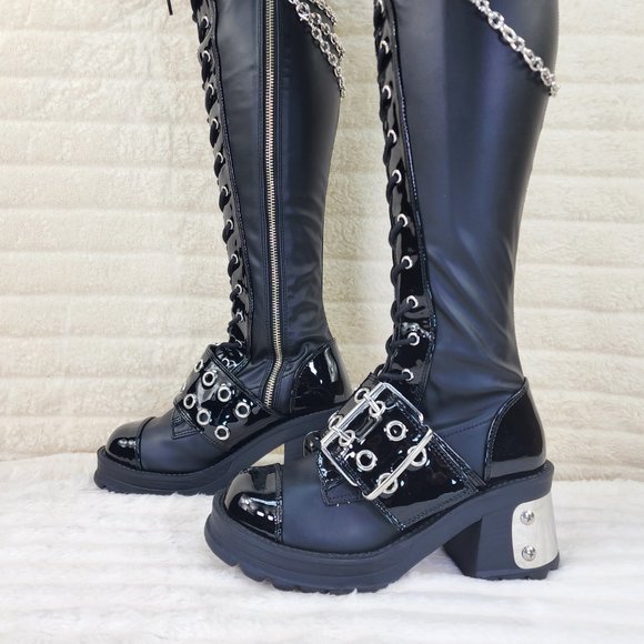 Bratty Big Buckle Strap Drape Chain Block Heel Stretch Thigh Goth Boots - Picture 5 of 15